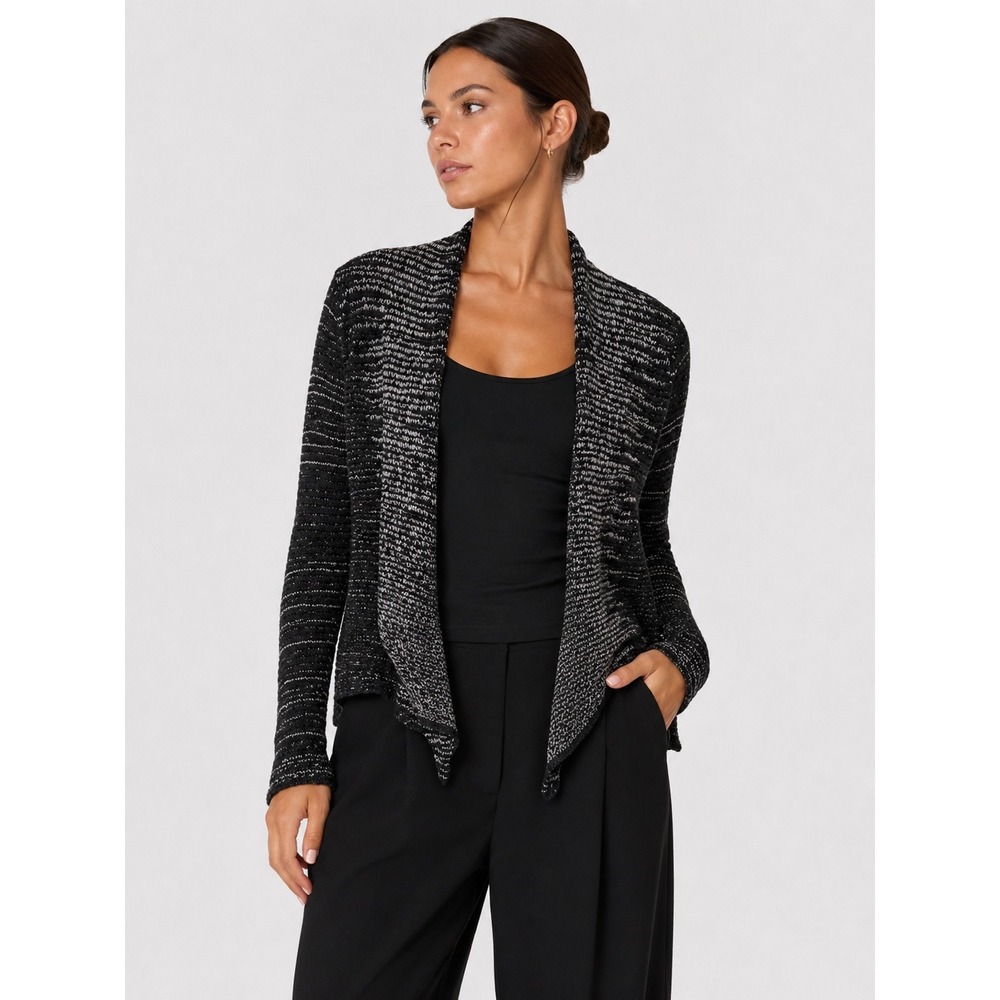 Eileen Fisher Wool Linen Open‎ Knit Cardigan Black White Marled Petite M